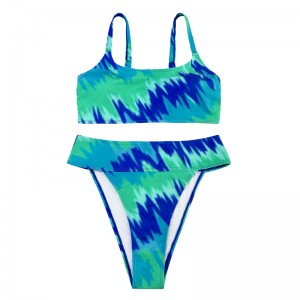 넓은 스트랩이있는 청록색 인쇄 2 피스