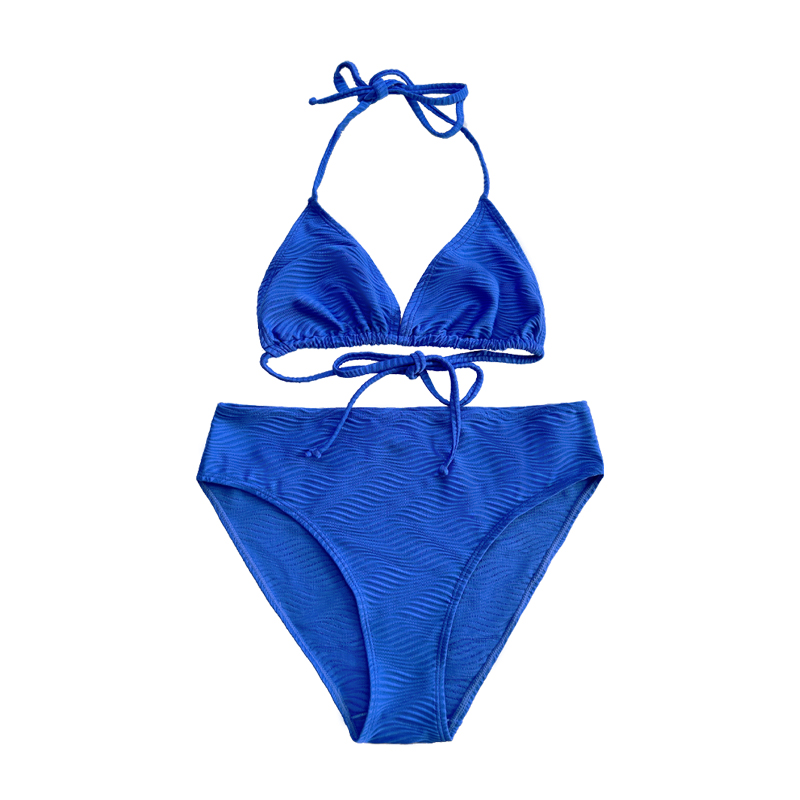 파란색 패턴 특수 천 삼각형 컵 고삐 스트랩 스플릿 수영복