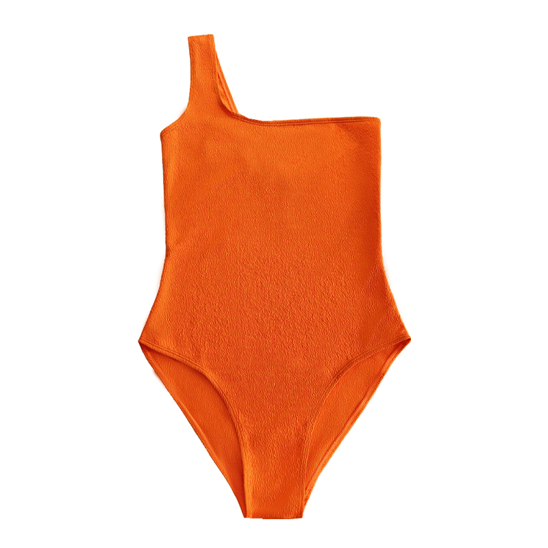 오렌지 주름 장식 직물 원 숄더 섹시한 원피스 수영복